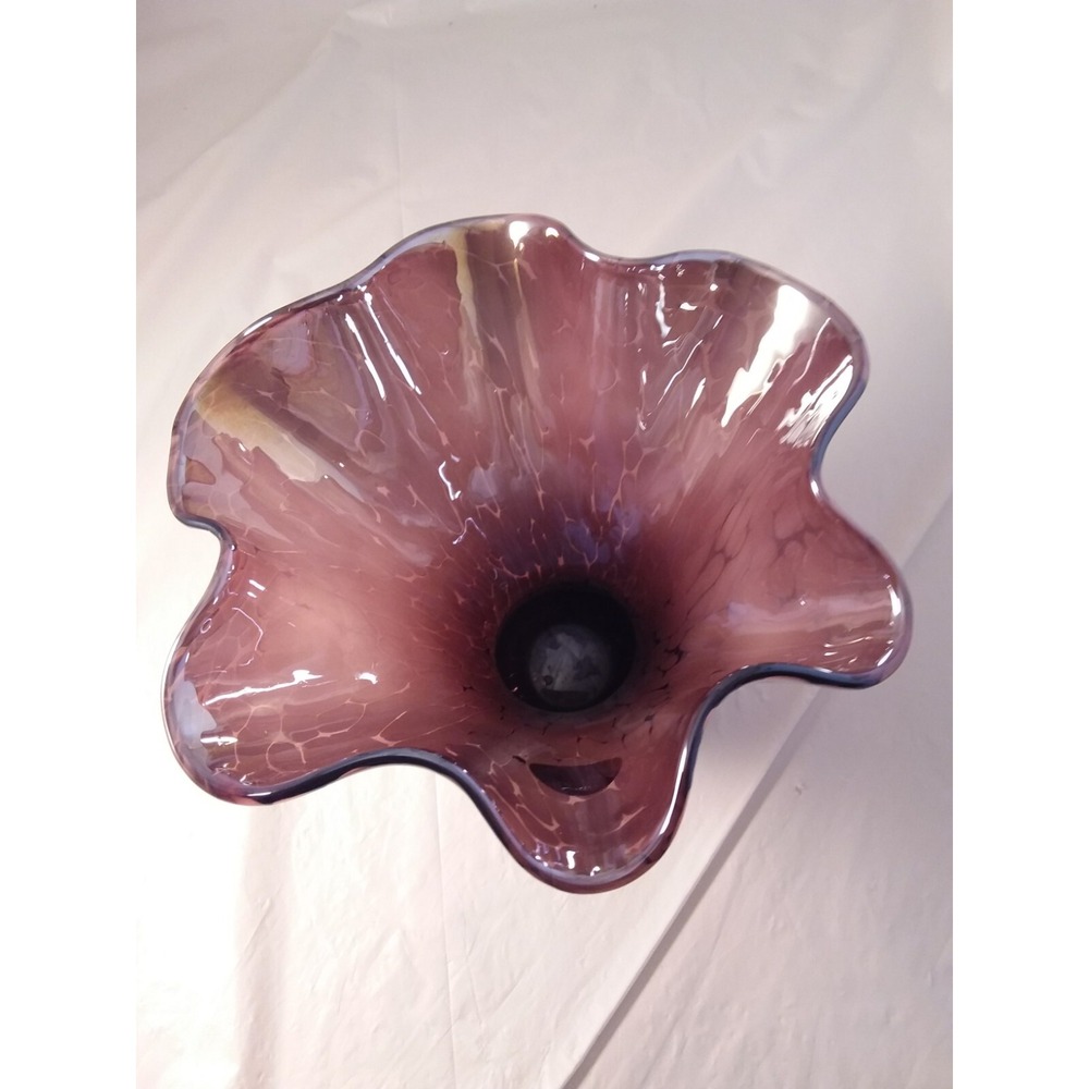 Jozefina Krosno Art Glass Vase Ruffled White Lavender Iridescent Hand blown